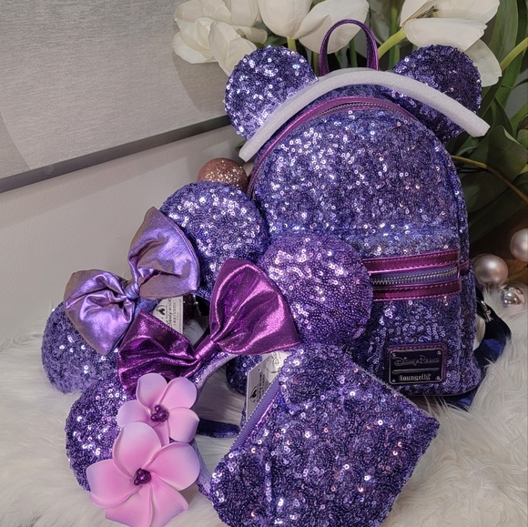Set of 4!Purple Sequin Loungefly Backpack 2pairs of Ears&Wallet - Picture 1 of 13